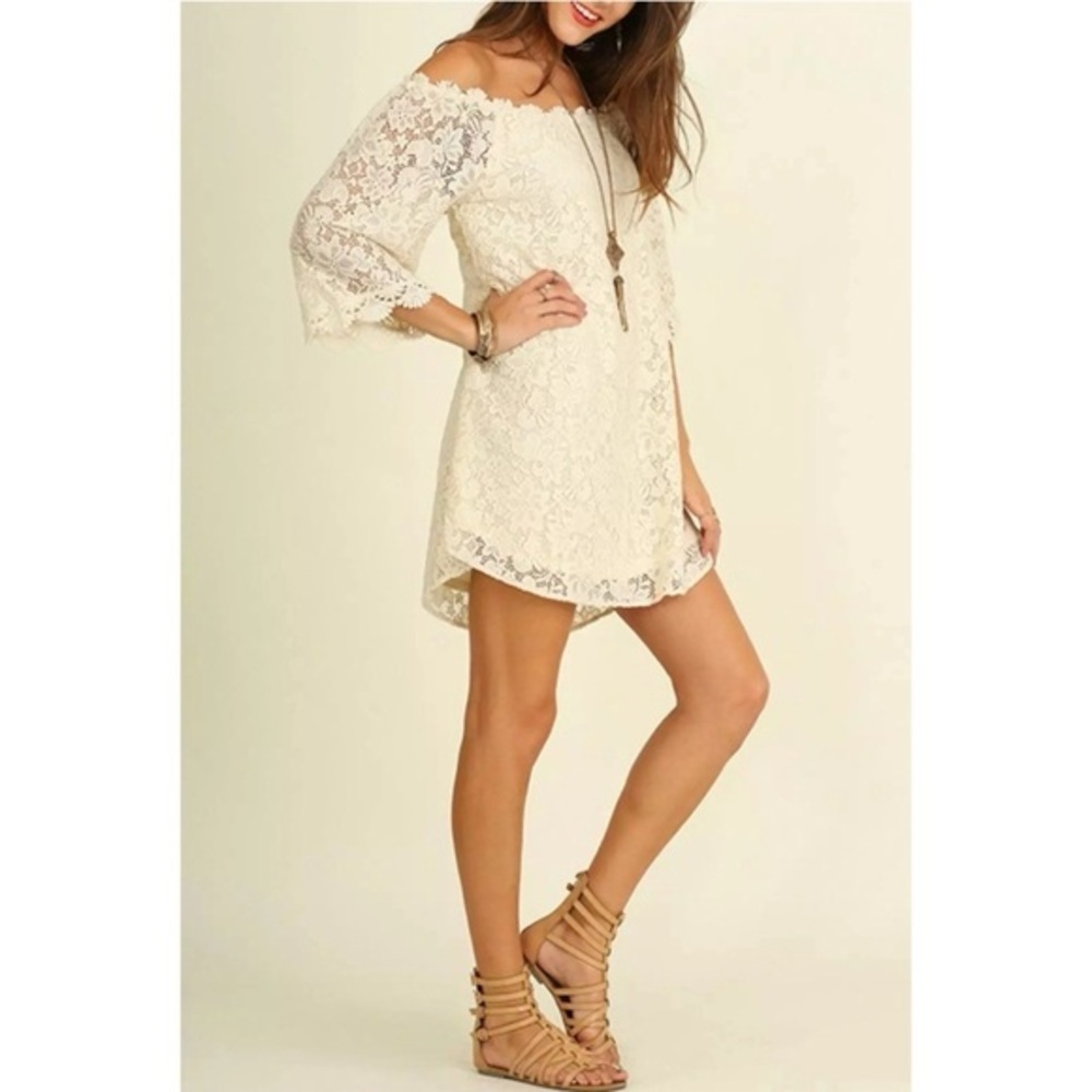 Umgee Women's Cream Off the Shoulder Crochet Lace Mini Dress EUC S #996
